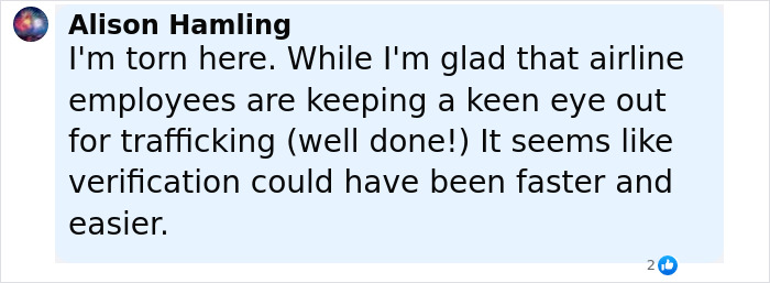 Comment from Alison Hamling discussing airline employees’ role in spotting trafficking and the need for faster verification processes. Comment from Alison Hamling discussing airline employees’ role in spotting trafficking and the need for faster verification processes.