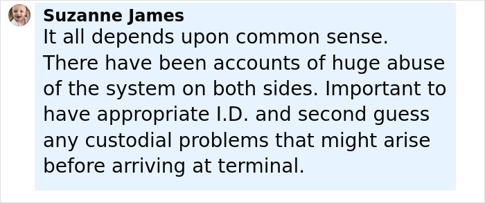 Comment from Suzanne James discussing common sense and custody issues related to trafficking concerns on United Airlines flights. Comment from Suzanne James discussing common sense and custody issues related to trafficking concerns on United Airlines flights.