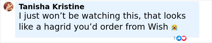 Comment by Tanisha Kristine criticizing Hagrid's first look in the upcoming Harry Potter series with a crying emoji. Comment by Tanisha Kristine criticizing Hagrid's first look in the upcoming Harry Potter series with a crying emoji.