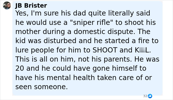 Comment by JB Brister discussing Idaho teen sniper’s Instagram story revealing motive before shooting firefighters. Comment by JB Brister discussing Idaho teen sniper’s Instagram story revealing motive before shooting firefighters.