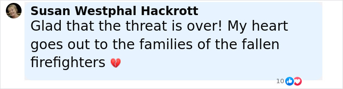 Susan Westphal Hackrott expressing relief and sympathy for fallen firefighters in a comment related to Idaho teen sniper incident. Susan Westphal Hackrott expressing relief and sympathy for fallen firefighters in a comment related to Idaho teen sniper incident.