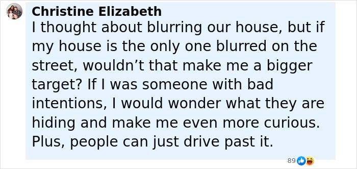 User named Christine Elizabeth sharing concerns about the risks of blurring houses on Google Maps and privacy. User named Christine Elizabeth sharing concerns about the risks of blurring houses on Google Maps and privacy.