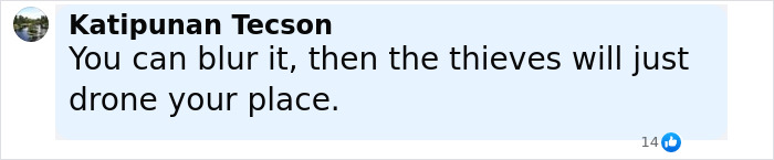 Comment about blurring houses on Google Maps with concerns about security risks from thieves using drones. Comment about blurring houses on Google Maps with concerns about security risks from thieves using drones.