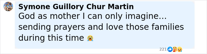 Commenter Symone Guillory Chur Martin expressing prayers and love for families affected by Texas floods tragedy.