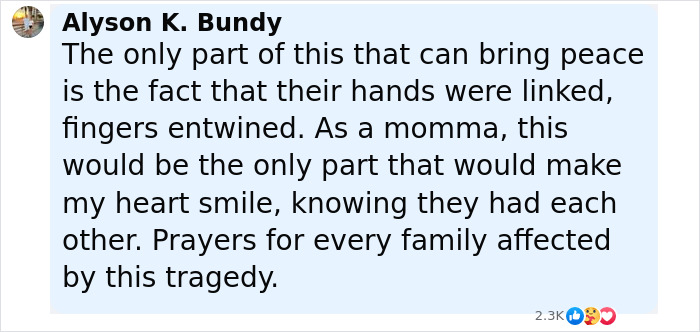 ALT text: Heartfelt comment on sisters who lost their lives in Texas floods found with hands locked together, expressing prayers and peace.