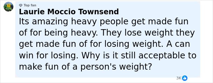 Laurie Moccio Townsend commenting on weight stigma and challenges faced by heavy people and those losing weight. Laurie Moccio Townsend commenting on weight stigma and challenges faced by heavy people and those losing weight.