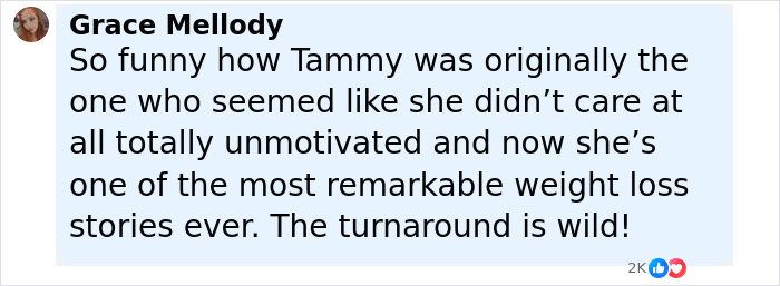 Comment about Tammy Slaton's remarkable weight loss journey and skin removal surgery results from 1000-Lb. Sisters. Comment about Tammy Slaton's remarkable weight loss journey and skin removal surgery results from 1000-Lb. Sisters.