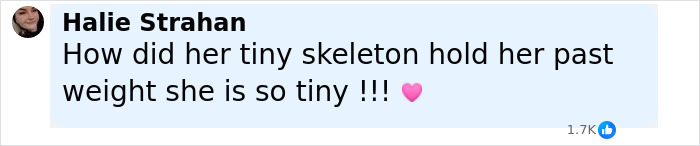 Comment by Halie Strahan expressing surprise at Tammy Slaton's tiny skeleton and weight loss results after skin removal surgery. Comment by Halie Strahan expressing surprise at Tammy Slaton's tiny skeleton and weight loss results after skin removal surgery.