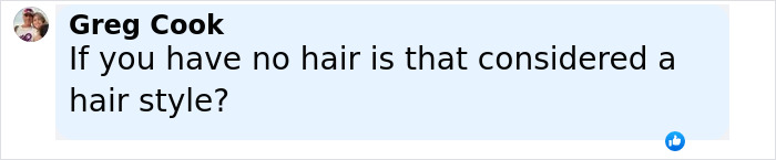 Facebook comment by Greg Cook questioning if having no hair is considered a hairstyle, related to Jeff Bezos hair transformation news. Facebook comment by Greg Cook questioning if having no hair is considered a hairstyle, related to Jeff Bezos hair transformation news.