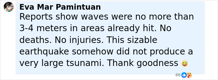 Comment reporting tsunami waves of 3-4 meters after mega earthquake with no deaths or injuries in affected areas. Comment reporting tsunami waves of 3-4 meters after mega earthquake with no deaths or injuries in affected areas.