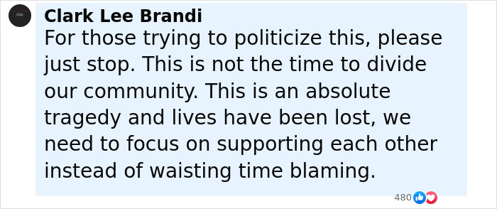 Facebook comment from Clark Lee Brandi urging unity and support after Idaho teen sniper shooting firefighters tragedy. Facebook comment from Clark Lee Brandi urging unity and support after Idaho teen sniper shooting firefighters tragedy.
