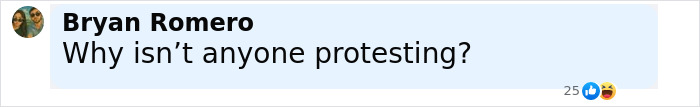 Comment by Bryan Romero asking why no one is protesting, displayed in a social media interface. Comment by Bryan Romero asking why no one is protesting, displayed in a social media interface.