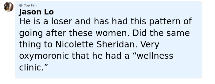 Comment from Jason Lo criticizing behavior patterns, related to Denise Richards' assault accusations against estranged husband. Comment from Jason Lo criticizing behavior patterns, related to Denise Richards' assault accusations against estranged husband.