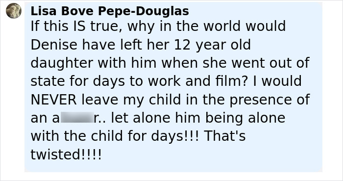 Comment discussing Denise Richards accusing estranged husband of assault, questioning child safety and custody decisions. Comment discussing Denise Richards accusing estranged husband of assault, questioning child safety and custody decisions.