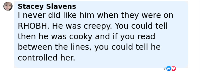 Comment by Stacey Slavens expressing distrust and concerns about control related to Denise Richards' estranged husband assault allegations. Comment by Stacey Slavens expressing distrust and concerns about control related to Denise Richards' estranged husband assault allegations.