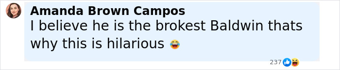 User comment about the brokest Baldwin, reacting humorously to Hailey Bieber’s dad Stephen and her $1B Rhode sale amid family rift. User comment about the brokest Baldwin, reacting humorously to Hailey Bieber’s dad Stephen and her $1B Rhode sale amid family rift.