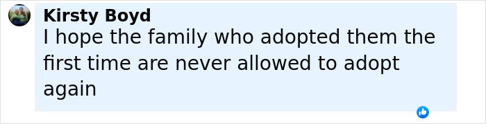 Comment from Kirsty Boyd expressing hope that the family who adopted Latina daughters is never allowed to adopt again. Comment from Kirsty Boyd expressing hope that the family who adopted Latina daughters is never allowed to adopt again.