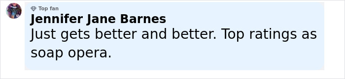 User comment by Jennifer Jane Barnes praising a soap opera with top ratings and positive remarks. User comment by Jennifer Jane Barnes praising a soap opera with top ratings and positive remarks.