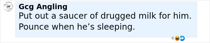 Comment from Gcg Angling advising to put out drugged milk for a mysterious figure terrorizing neighborhood at night in a full-body cat suit. Comment from Gcg Angling advising to put out drugged milk for a mysterious figure terrorizing neighborhood at night in a full-body cat suit.