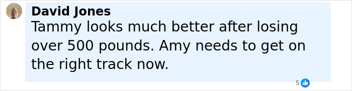Comment by David Jones praising Tammy Slaton’s improvement after weight loss, mentioning skin removal surgery results. Comment by David Jones praising Tammy Slaton’s improvement after weight loss, mentioning skin removal surgery results.