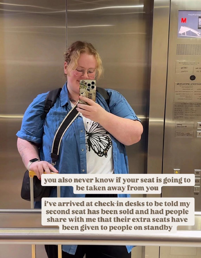 Plus-size traveler taking a mirror selfie in an elevator sharing experiences about airline seats and check-in challenges. Plus-size traveler taking a mirror selfie in an elevator sharing experiences about airline seats and check-in challenges.