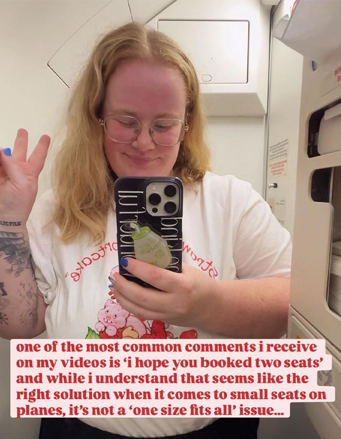 Plus-size traveler taking a selfie on an airplane, sharing her views on booking two airline seats and travel challenges. Plus-size traveler taking a selfie on an airplane, sharing her views on booking two airline seats and travel challenges.