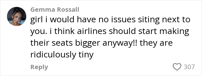 Screenshot of a social media comment discussing plus-size traveler seating and airline seat size complaints. Screenshot of a social media comment discussing plus-size traveler seating and airline seat size complaints.
