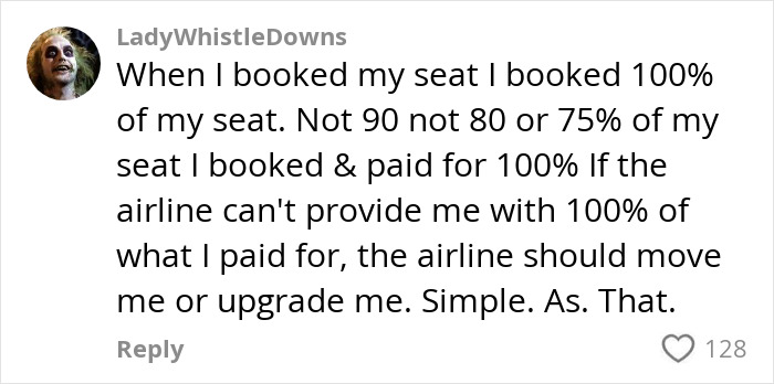 Comment from a plus-size traveler explaining why she won’t book two airline seats, defending her seat choice. Comment from a plus-size traveler explaining why she won’t book two airline seats, defending her seat choice.
