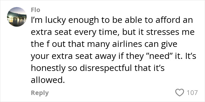 Comment from plus-size traveler about stress over airlines giving away paid extra seats despite affordability. Comment from plus-size traveler about stress over airlines giving away paid extra seats despite affordability.