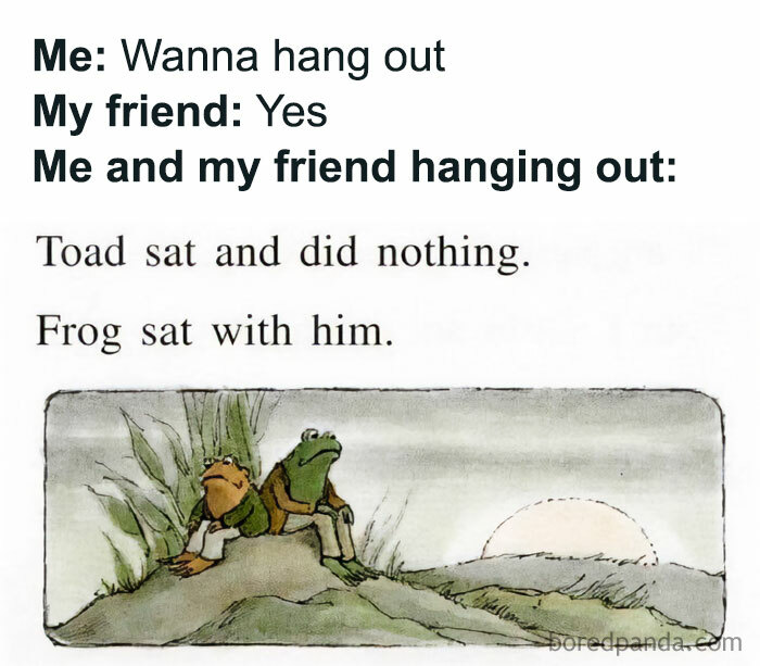 Funny meme showing toad and frog sitting quietly, illustrating friendship and humor from 95 funny memes about not taking life seriously.