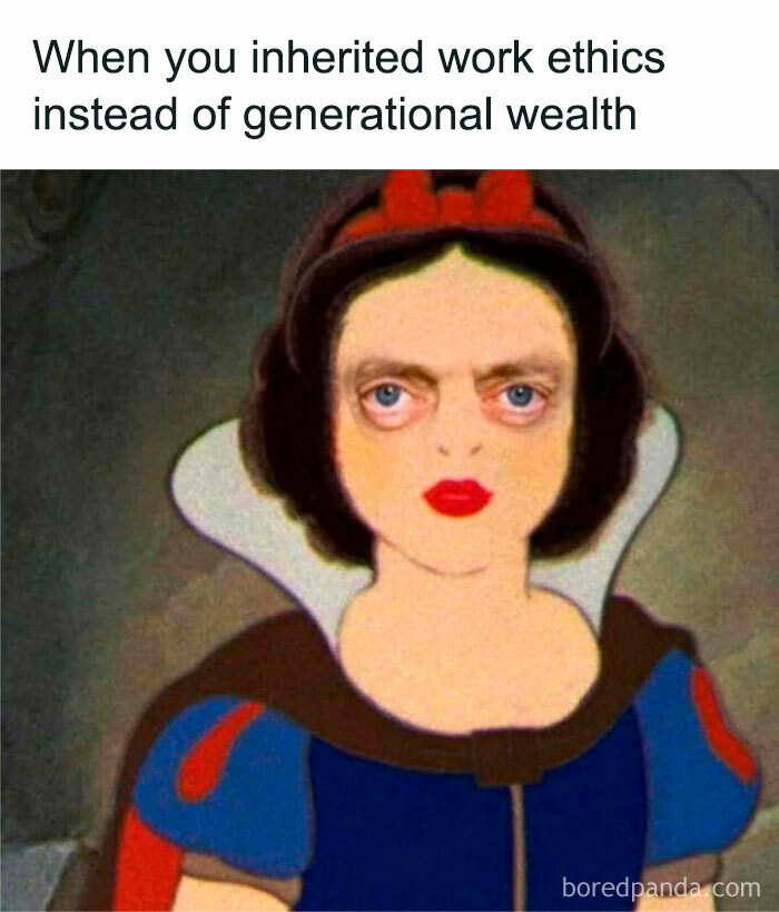 Distorted Snow White meme with tired eyes and red lipstick, highlighting funny memes about not taking life too seriously.