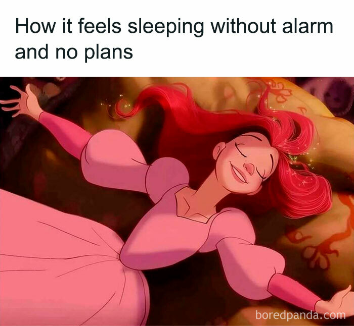 Animated character in a pink dress smiling with arms spread wide, illustrating funny memes about relaxing without plans.