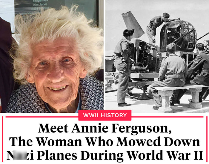 Elderly woman smiling next to vintage WWII photo of soldiers inspecting military aircraft machinery.