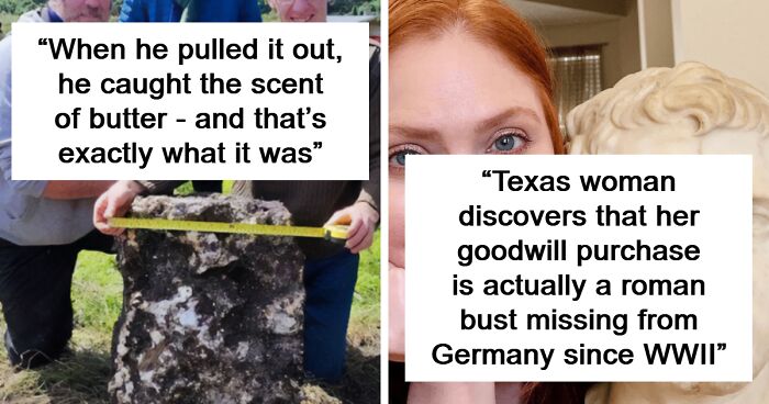 Person measuring ancient artifact outdoors and woman posing with Roman bust, illustrating surprising interesting facts.