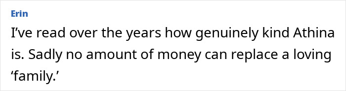Comment from Erin about Athina Onassis, mentioning her kindness and the value of family over money. Comment from Erin about Athina Onassis, mentioning her kindness and the value of family over money.