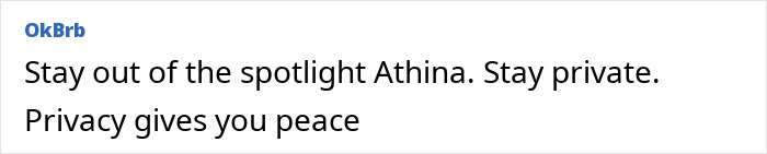 Text on screen showing a comment urging privacy for reclusive billionaire Athina Onassis who made a rare public appearance. Text on screen showing a comment urging privacy for reclusive billionaire Athina Onassis who made a rare public appearance.