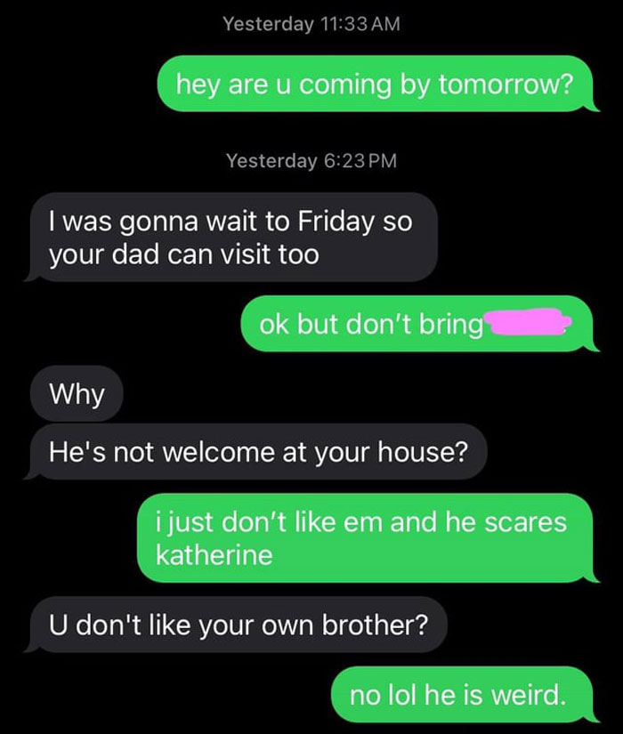 Text message conversation about concerns and feeling unsafe around autistic sibling, family dismisses child safety fears.