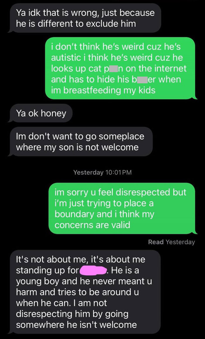 Text message conversation discussing safety concerns and boundaries involving an autistic family member and feelings of disrespect. Text message conversation discussing safety concerns and boundaries involving an autistic family member and feelings of disrespect.
