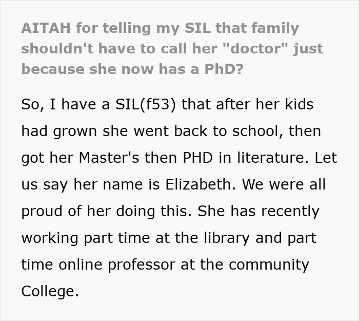 Alt text: Middle-aged aunt with PhD expects family and husband to always call her doctor after earning her degree. Alt text: Middle-aged aunt with PhD expects family and husband to always call her doctor after earning her degree.