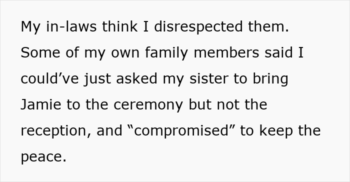 Text excerpt discussing bride’s conflict with groom’s parents over autistic nephew and family tensions at wedding ceremony. Text excerpt discussing bride’s conflict with groom’s parents over autistic nephew and family tensions at wedding ceremony.