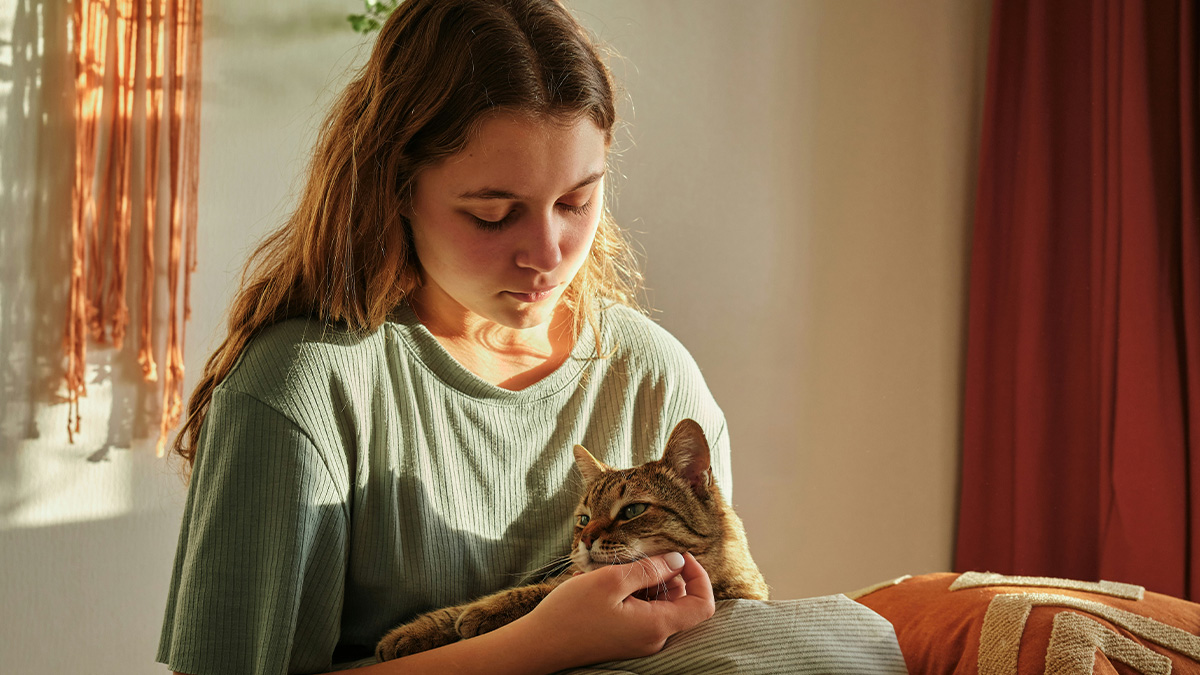 Woman holding and looking at a cat indoors with soft sunlight, reflecting on a tense moment about renaming the cat.