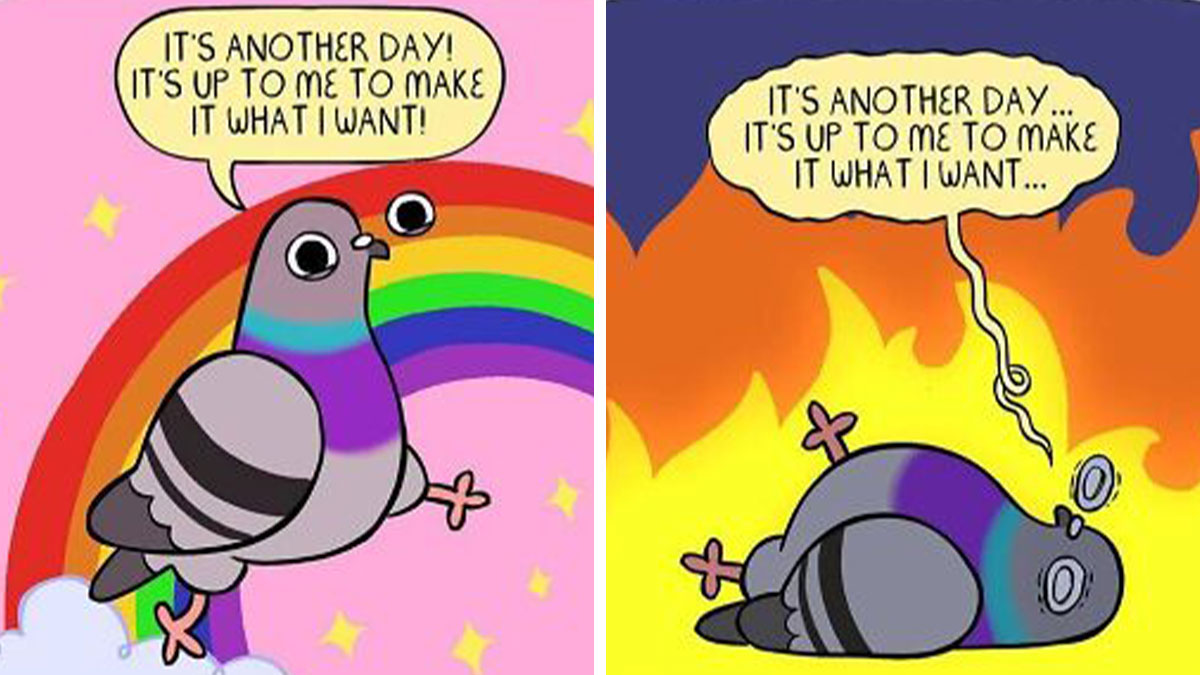 Cartoon pigeon illustrating anxiety and depression with hopeful and distressed scenes against rainbow and fire backgrounds.