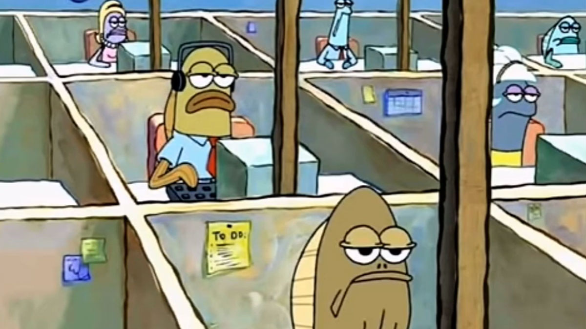 Cartoon fish characters working in office cubicles with bored expressions, illustrating funny WFH memes.