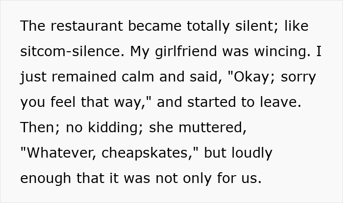 Alt text: Man takes back his tip after waitress loudly shames him, causing silence in the restaurant and awkward tension. Alt text: Man takes back his tip after waitress loudly shames him, causing silence in the restaurant and awkward tension.