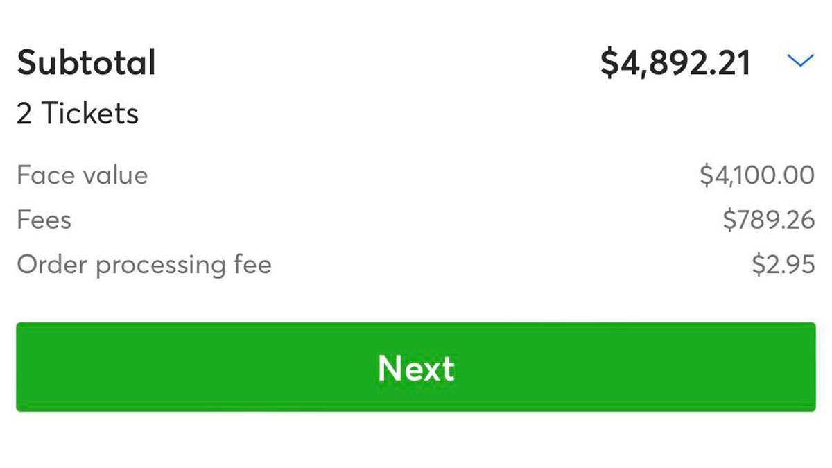 Ticket purchase subtotal showing high fees and order processing fee on top of face value price.