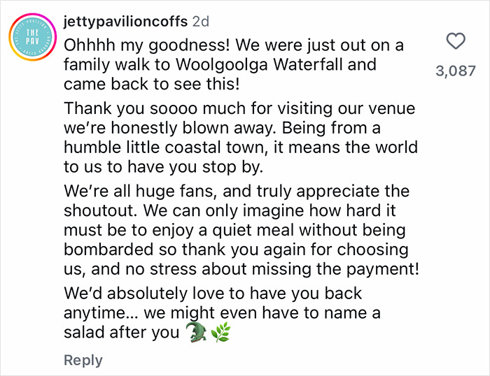 Comment from Jetty Pavilion restaurant thanking Robert Irwin for visiting despite dining and dashing at popular Australian venue. Comment from Jetty Pavilion restaurant thanking Robert Irwin for visiting despite dining and dashing at popular Australian venue.