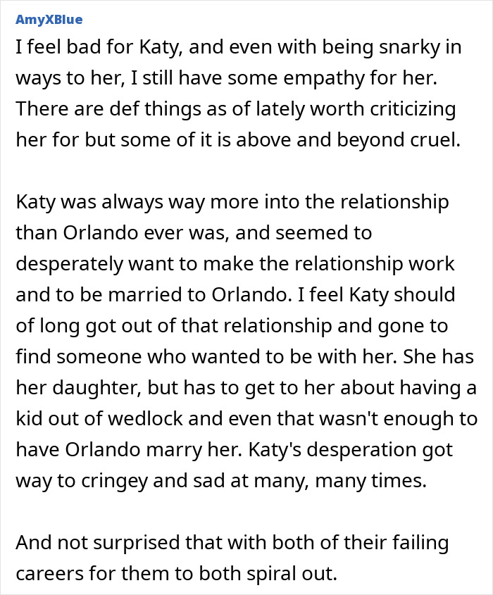 Comment discussing Katy Perry and Orlando Bloom's breakup, reflecting on their six-year engagement and relationship struggles. Comment discussing Katy Perry and Orlando Bloom's breakup, reflecting on their six-year engagement and relationship struggles.