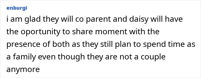 Comment expressing relief about co-parenting plans between Katy Perry and Orlando Bloom despite breakup after six years of engagement. Comment expressing relief about co-parenting plans between Katy Perry and Orlando Bloom despite breakup after six years of engagement.