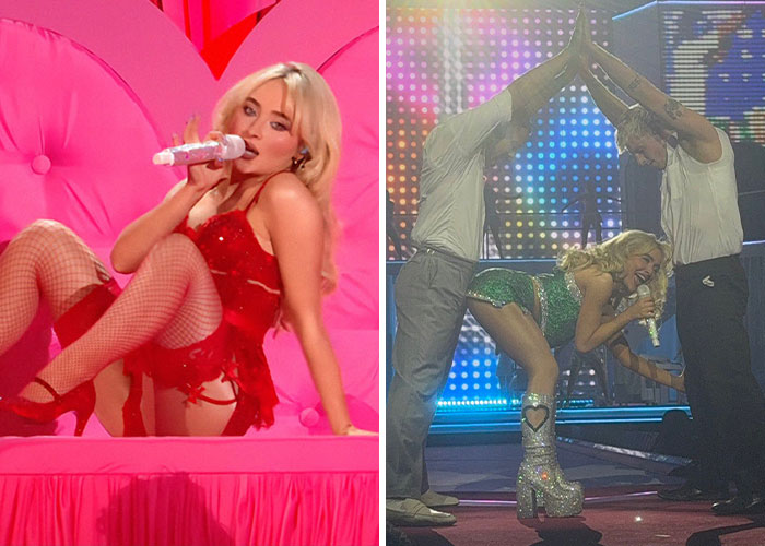 Performer in provocative red outfit and singer in glittery boots simulate raunchy moves during live show performance. Performer in provocative red outfit and singer in glittery boots simulate raunchy moves during live show performance.