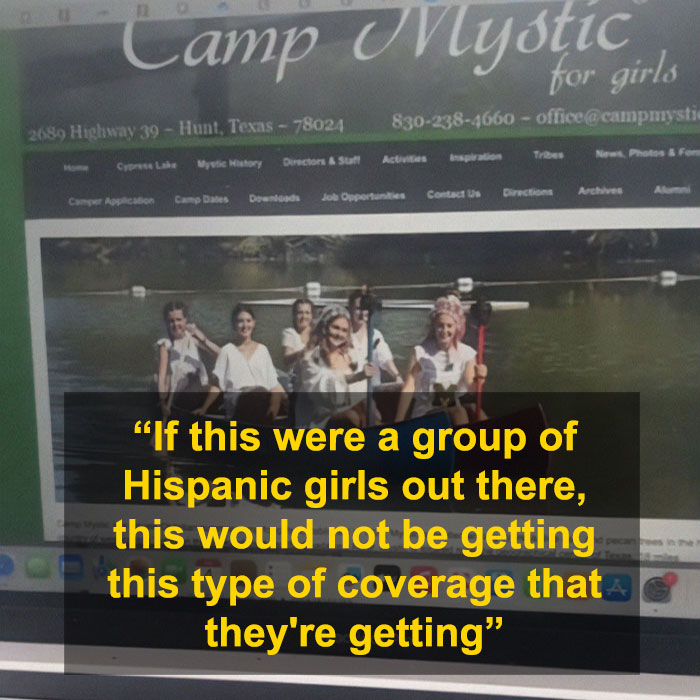 Screenshot of Camp Mystic website showing a quote about flood-stricken camp Mystic and racial coverage outrage. Screenshot of Camp Mystic website showing a quote about flood-stricken camp Mystic and racial coverage outrage.